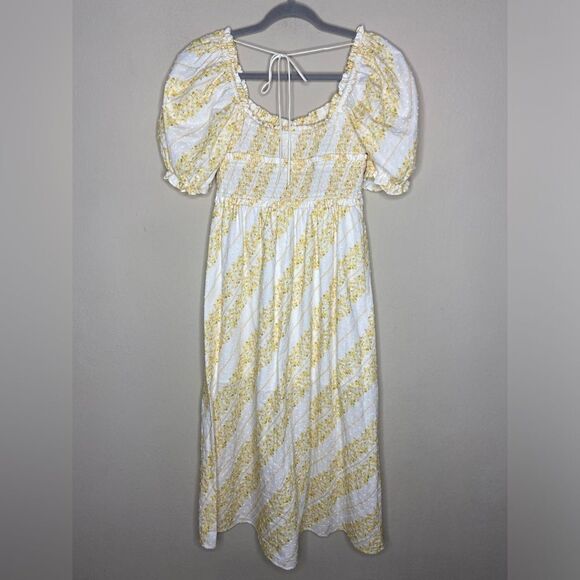 For Love & Lemons Lucie Midi Yellow White Dress Smocked Size S - Picture 8 of 8